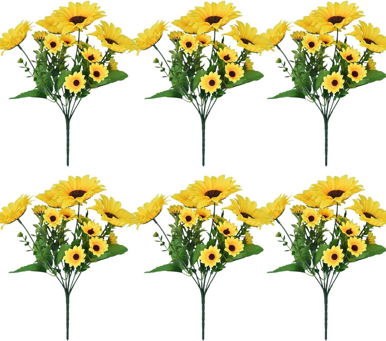 Summer Sunflowers – 6 Pack 12" Artificial Silk Flowers with Stems, 13 Heads & 27 Leaves for Indoor & Outdoor Decor Floral Arrangements